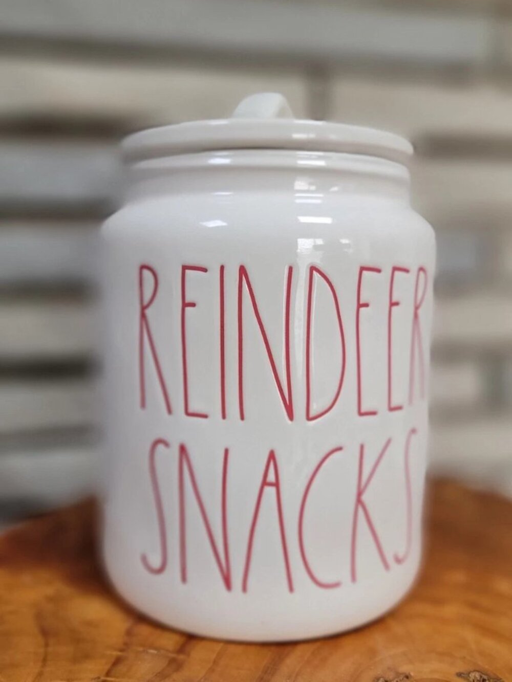 Rae Dunn ceramic cookie jar "Reindeer Snacks" red lettering on white glaze